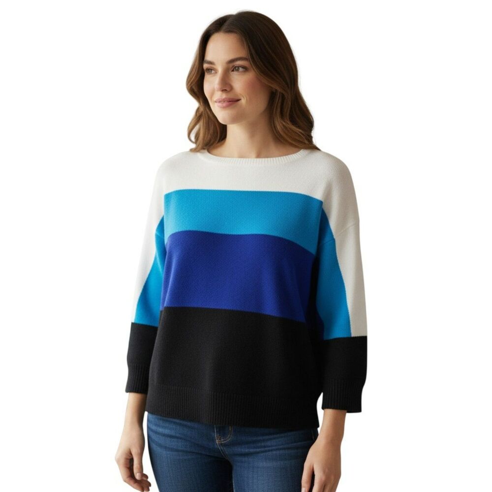 Liz Claiborne Women's Top  Blouse Size P Blue Strip Long Sleeve Round Neck#115
